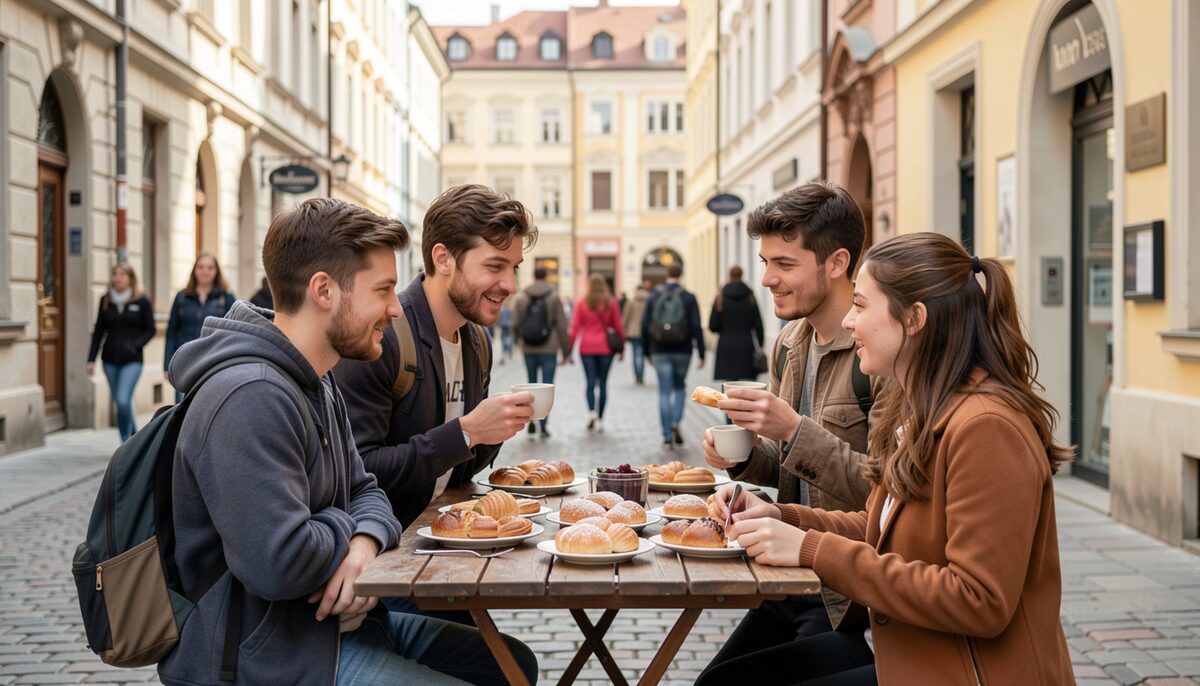 Budget travelers share a simple snack on a Prague side street.