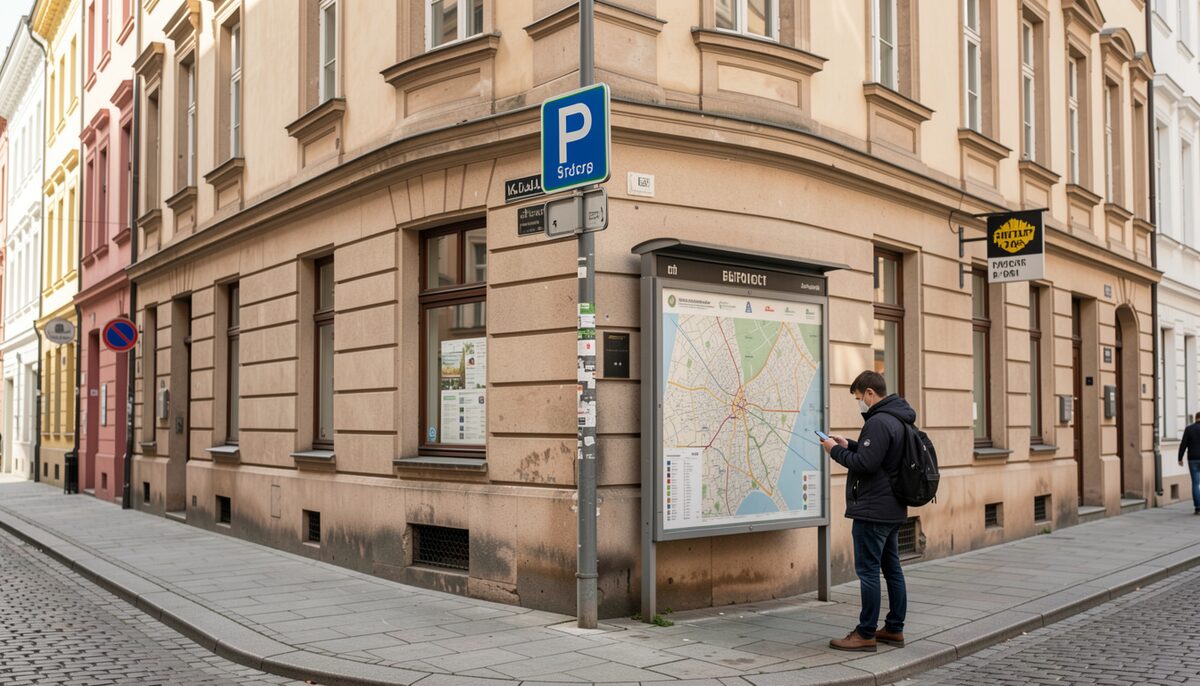 A Prague corner, the tram stop and map confirm what the hostel claims.