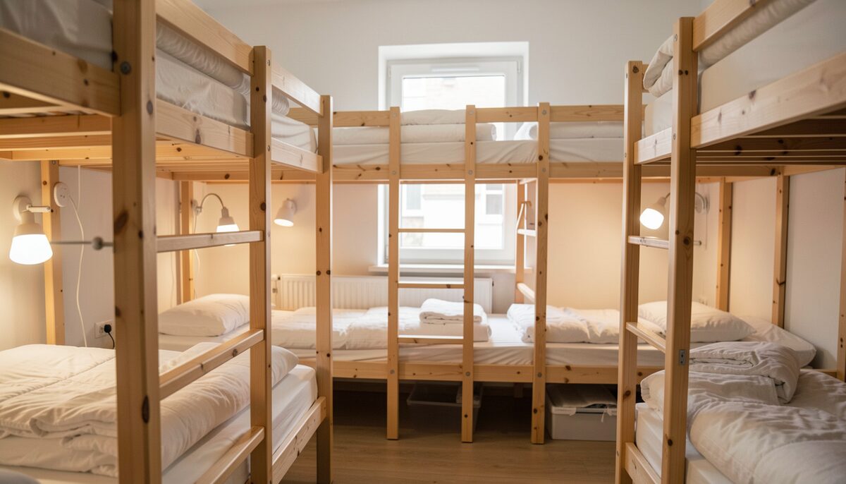 A bright Prague hostel dorm with wooden bunk beds and reading lights.