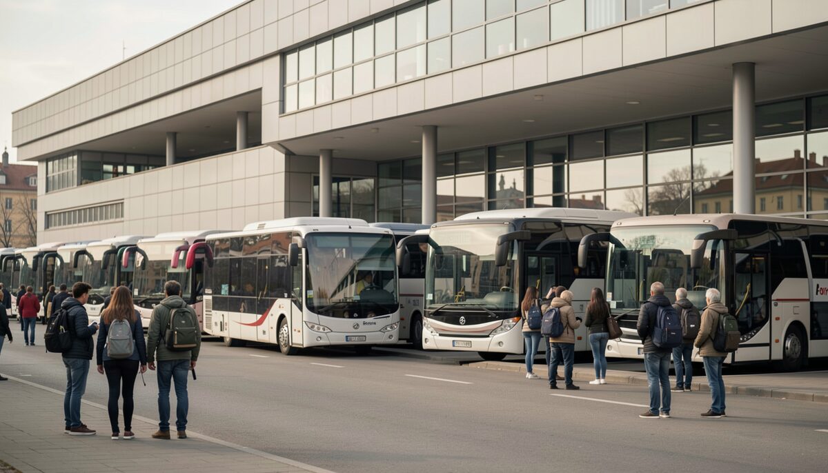 Coaches and travelers gather outside the modern terminal near Florenc Bus Station.