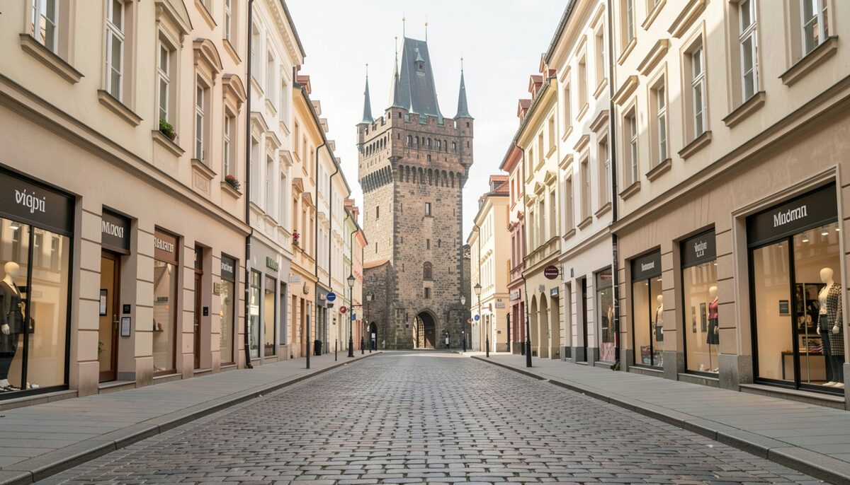 Prague's Old Town blends medieval towers with modern shops along cobbled streets.