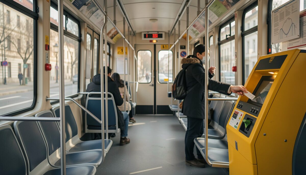 Interior of a Prague tram with a passenger validating a paper ticket.