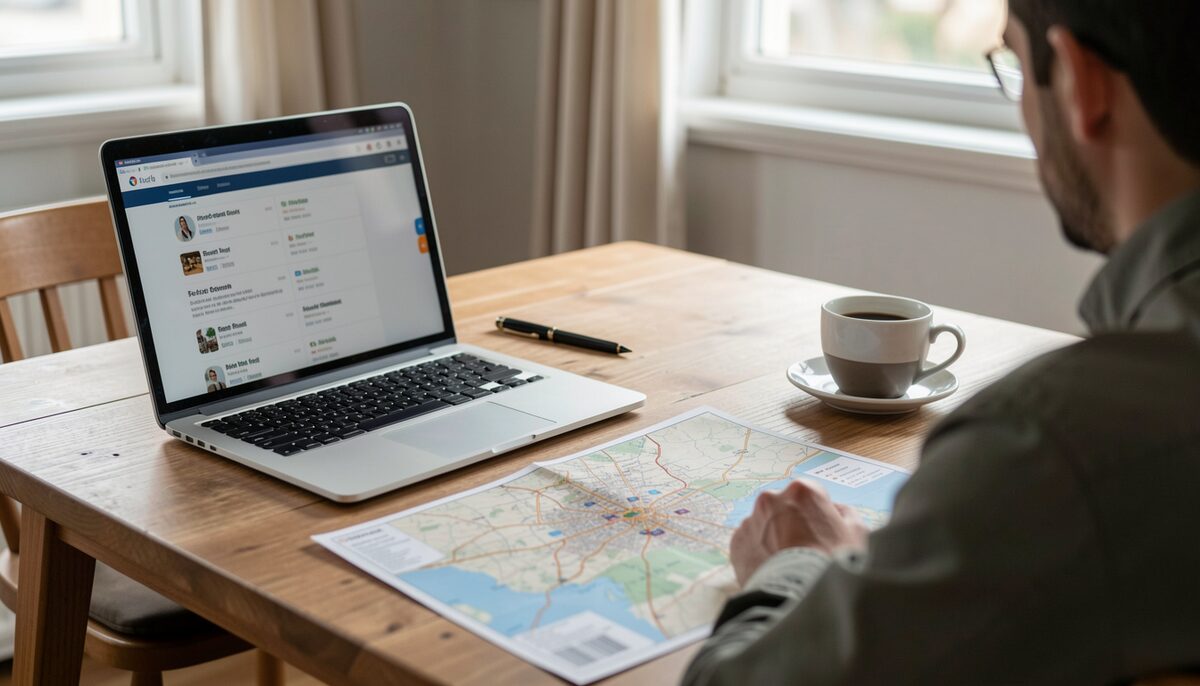 A traveler compares hostel listings online before choosing where to stay.