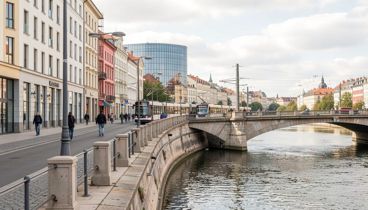 A modern riverside street with trams, the kind of scene typical of Karlín's redeveloped embankment.